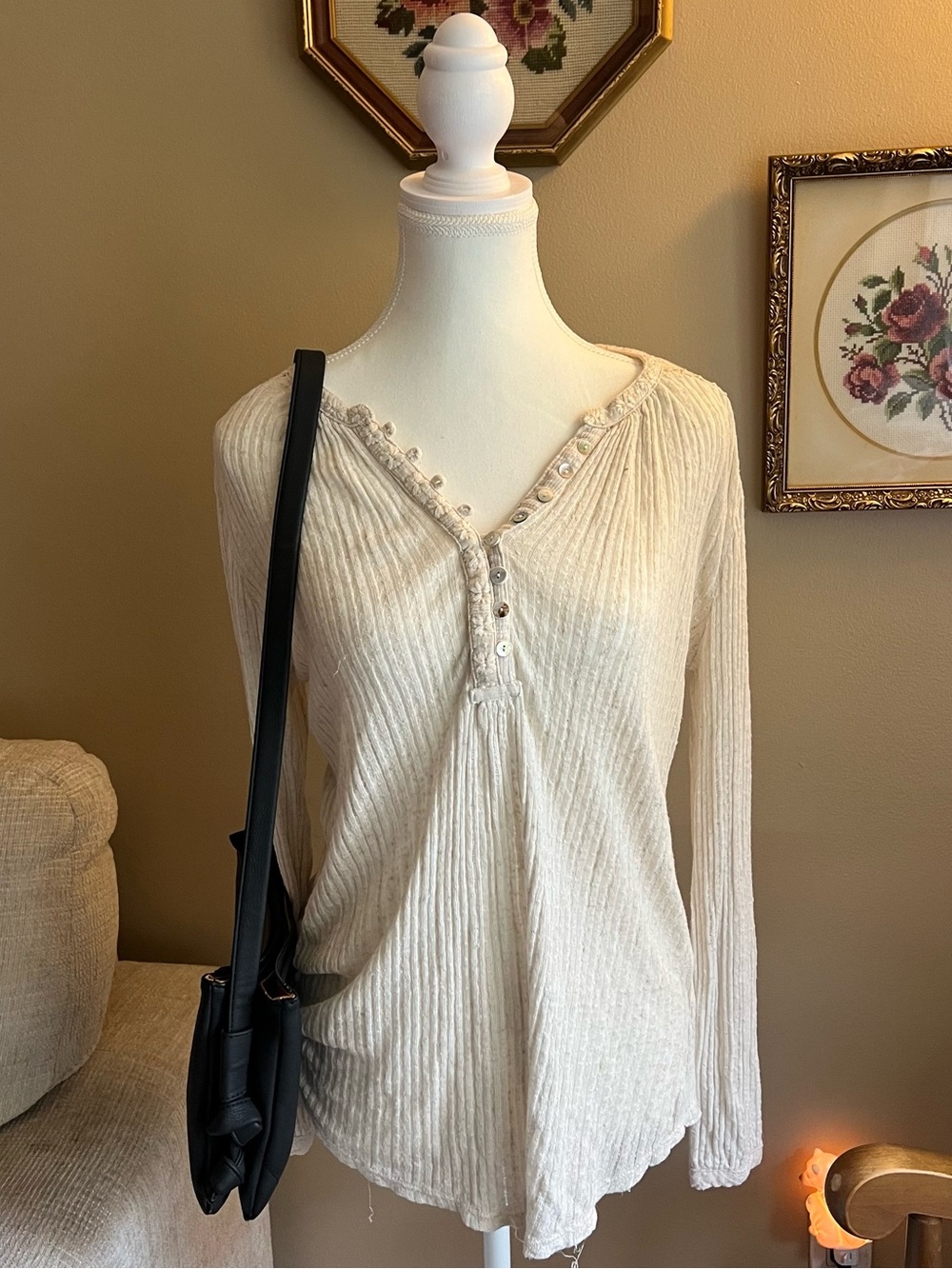 Lucky Brand Cream Ribbed Henley Long-Sleeve Top Vintage